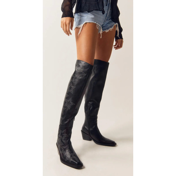 Nasty Gal Shoes - NEW NASTY GAL BLACK LEATHER STAR STUDDED OVER THE KNEE COWBOY BOOTS SZ 38 US 7